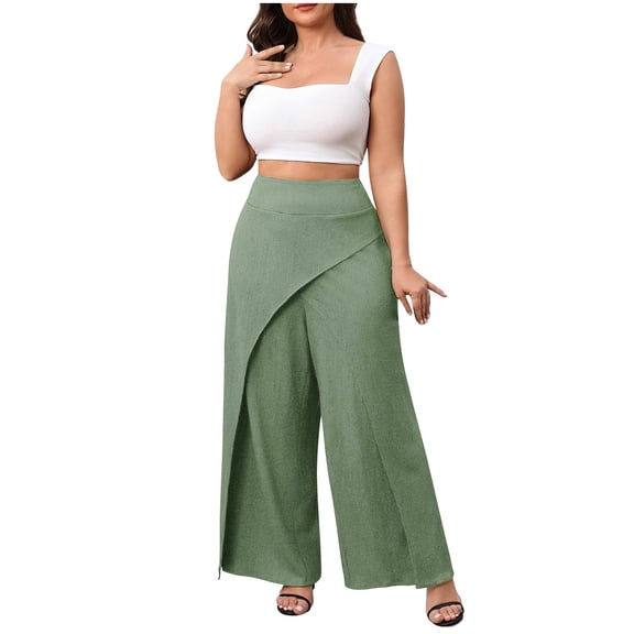Kvture Women Casual High Waisted Palazzo Pants Summer Beach Vacation Party Wide Leg Trousers Green XL