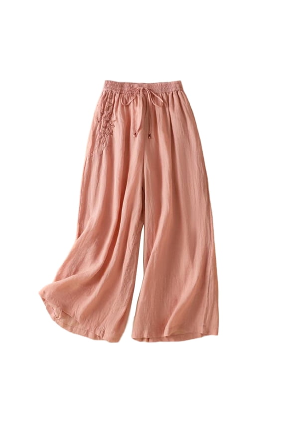 Women Casual Loose Cotton Linen Pant Elastic Waist Plus Size Wide Leg Boho Trouser Embroidered Flowy Palazzo Pants-Orange XL