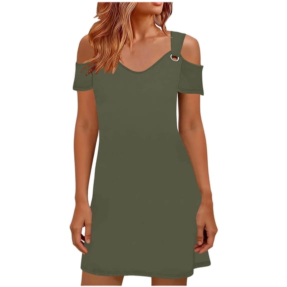 Kvture Women Cold Shoulder T Shirt Dress Wide Strap Short Sleeve Casual Tunic Dresses Loose Comfort Lounge Dress Army Green
