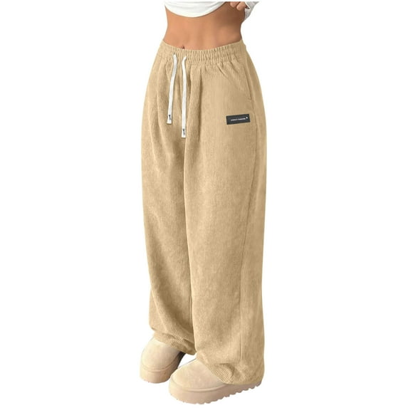 Kvture Women Corduroy Pants Baggy Elastic High Waisted Wide Leg Drawstring Trousers Soft Comfy Fashion Lounge Palazzo Pant Beige L