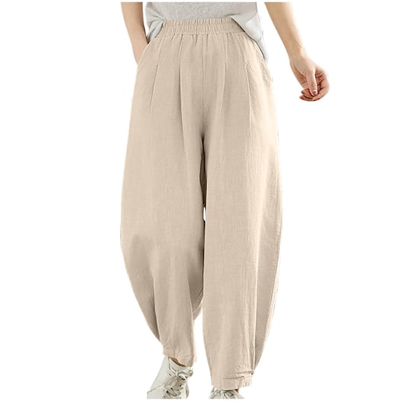 Kvture Women Cotton Baggy Palazzo Harem Pants High Elastic Waist Beach Yoga Trousers Casual Lounge Pants with Pockets Beige XXL
