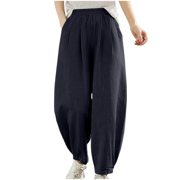 Kvture Women Cotton Baggy Palazzo Harem Pants High Elastic Waist Beach Yoga Trousers Casual Lounge Pants with Pockets Black L