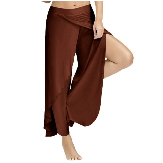 Kvture Women Flowy Split Wide Leg Yoga Pants High Waisted Pilates Pants Beach Plus Size Palazzo Pants Coffee S
