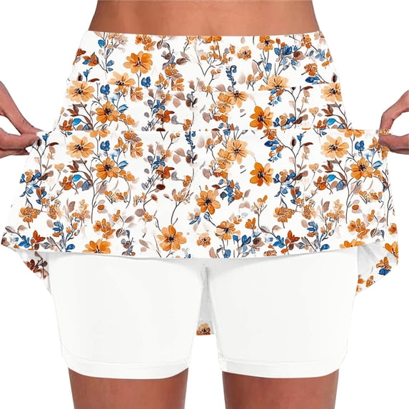 Kvture Women High Waisted Golf Skirts Built in Shorts Floral Vintage Printed Athletic Tennis Skorts Summer Yoga 2 in 1 Outfit F White XXL