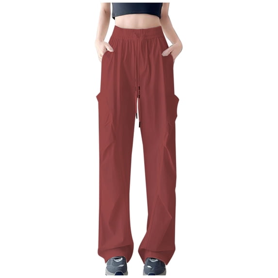 Kvture Women High Waisted Pants Drawstring Casual Cargo Pant Quick Dry Comfy Wide Leg Stretchy Multi Pockets Pant-Watermelon Red S