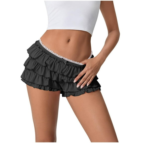 Kvture Women Layered Ruffle Shorts Y2K Bloomer Shorts Lace Trim Booty Mini Micro Shorts Pettipants Black M