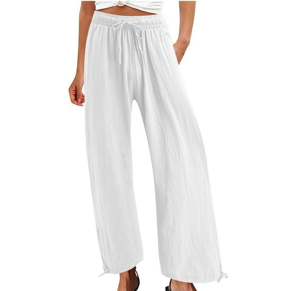 Kvture Women Linen Palazzo Pants Wide Leg Boho High Waist Linen Pants Summer Casual Beach Vacation Clothes Flowy Trousers White S