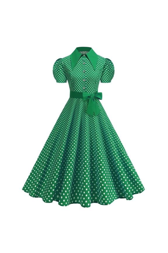 Women Peter Pan Collar Short Sleeve Dress 1950s Retro Style Rockabilly Dress Polka Dot Vintage Swing Dress Green
