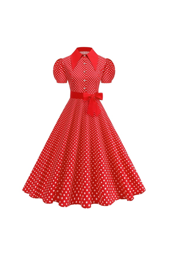 Women Peter Pan Collar Short Sleeve Dress 1950s Retro Style Rockabilly Dress Polka Dot Vintage Swing Dress Red