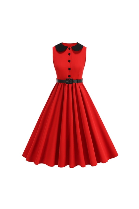 Women Retro Vintage Cocktail Party Swing Dress Sleeveless Prom Gowns Casual A-Line Work Dresses with Belt Red