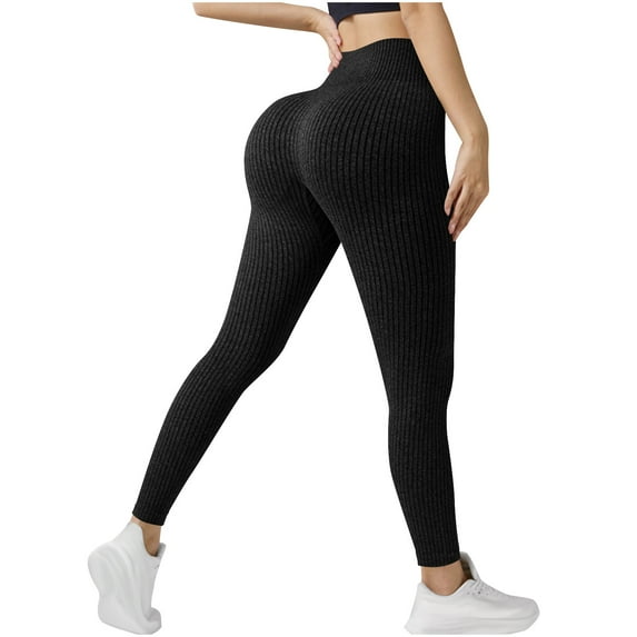 Kvture Women Ribbed Knit Sports Yoga Leggings Seamless High Waist Tummy Control Skinny Pants Scrunch Butt Lift Workout Pants Black S