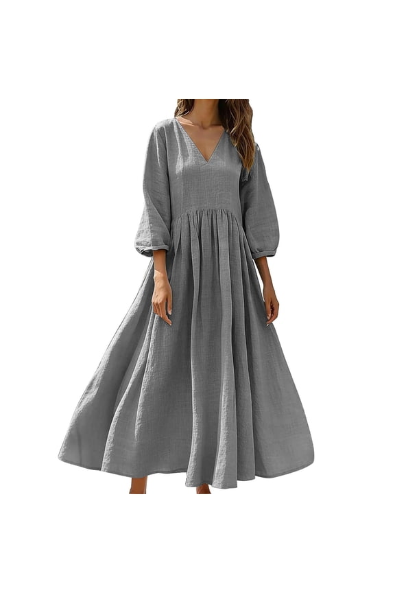 Women Solid Cotton Linen Long Maxi Dress Summer 3/4 Sleeve Caftan Loose Fit Flowy Empire Waist Vacation Beach DressesGray