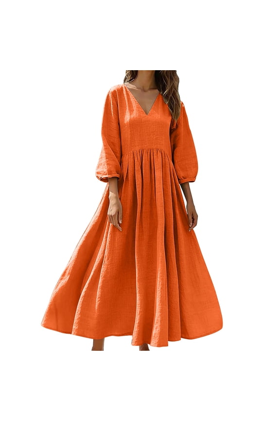 Women Solid Cotton Linen Long Maxi Dress Summer 3/4 Sleeve Caftan Loose Fit Flowy Empire Waist Vacation Beach DressesOrange