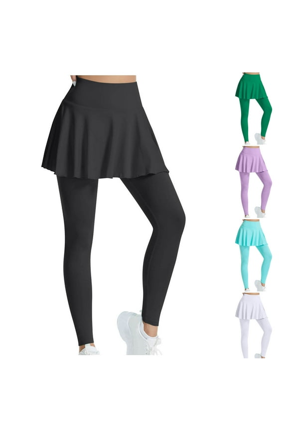 Women Tennis Skirted Leggings with Pockets Yoga Leggings with Skirts&Tennis Long Pants Fake 2 Piece Elastic High Waisted Workout Tights Black S