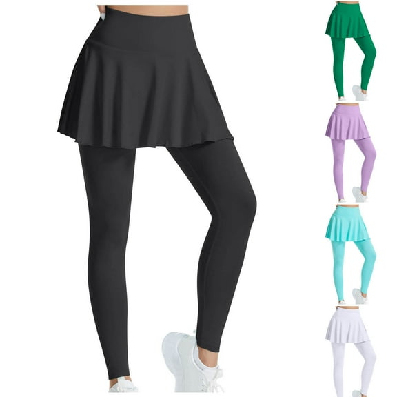 Kvture Women Tennis Skirted Leggings with Pockets Yoga Leggings with Skirts&Tennis Long Pants Fake 2 Piece Elastic High Waisted Workout Tights Green XL