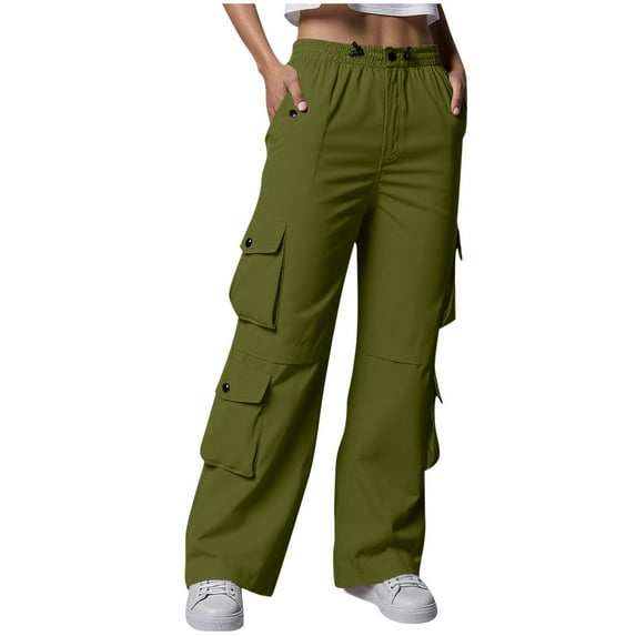 Kvture Women Y2k High Waisted Straight Wide Leg Cargo Pants with Pockets Streetwear Outdoor Hiking Travel Trousers-Army Green S