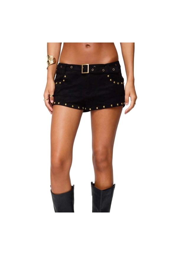 Women Y2k Studded Belt Micro Shorts Low Rise Rivet Denim Shorts Buckle Mini Bottoms Streetwear Black L