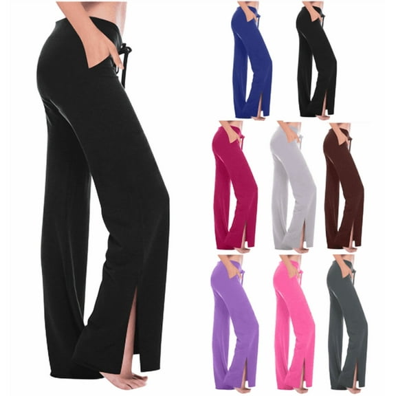 Kvture Women Yoga Pants Slim High Cut Trousers Slit Drawstring Sport Gym Pants Solid Color Soft Lightweight Workout Long Pants with Pockets Black L