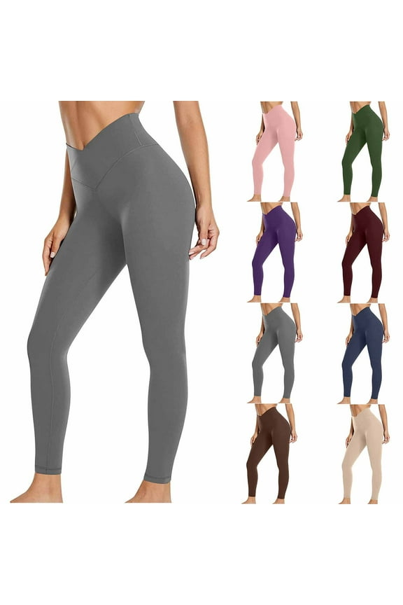 Women's Buttery Soft Cross Waist Leggings Stretchy High Waisted Tummy Control Leggings Solid Color Slim Fit Butt Lifting Tights Beige M
