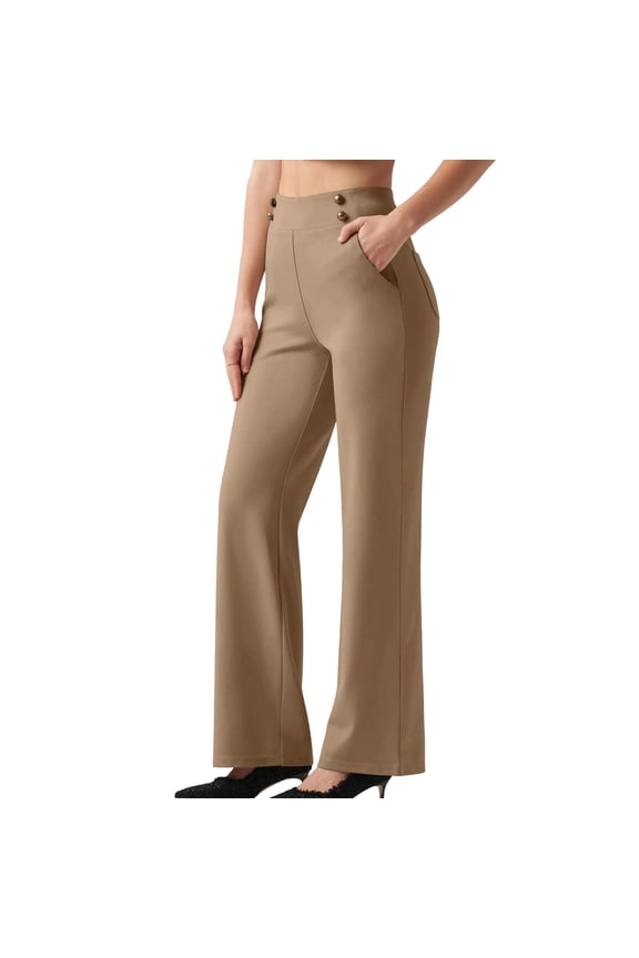 Women's Button Decoration Wide Leg Pants High Waisted Leggings Tummy Control Wide Leg Pant Summer Work Pants Khaki Pant S