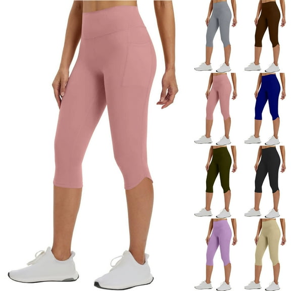 Kvture Women's Capri Leggings with Pockets, Elastic High Waist Workout Yoga Pants Knee Length Stretch Yoga Capris Solid Color Tummy Control Workout Leggings Black L