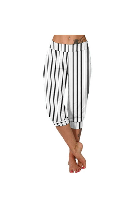 Women's Capris Pants Fashion Striped Straight Wide Leg Trousers with Pocket Ladies Sport Casual Cropped Sweatpant Black L