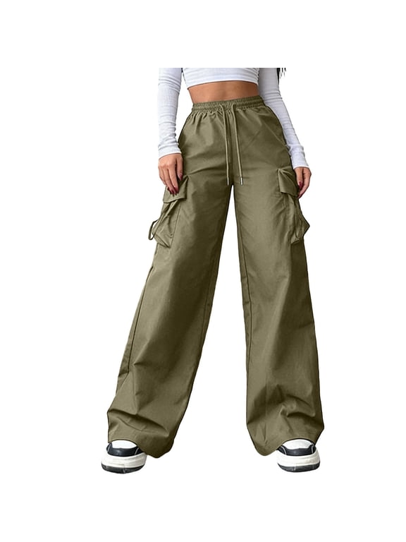 Women's Cargo Pants Casual Straight Wide Leg Work Pants Elastic Waisted Lightweight Loose Hiking Pant with Pockets Army Green Pant M