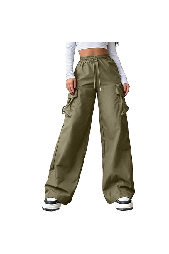 Women's Cargo Pants Casual Straight Wide Leg Work Pants Elastic Waisted Lightweight Loose Hiking Pant with Pockets Army Green Pant M
