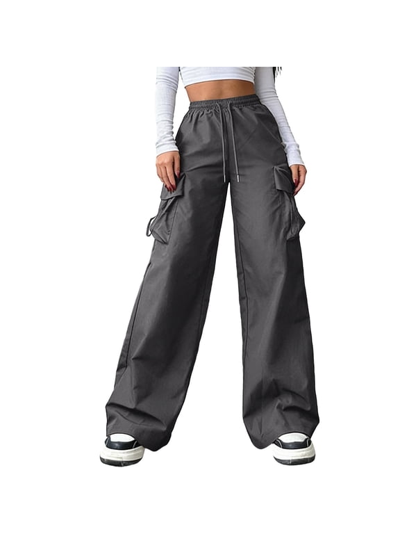 Women's Cargo Pants Casual Straight Wide Leg Work Pants Elastic Waisted Lightweight Loose Hiking Pant with Pockets Dark Gray Pant M