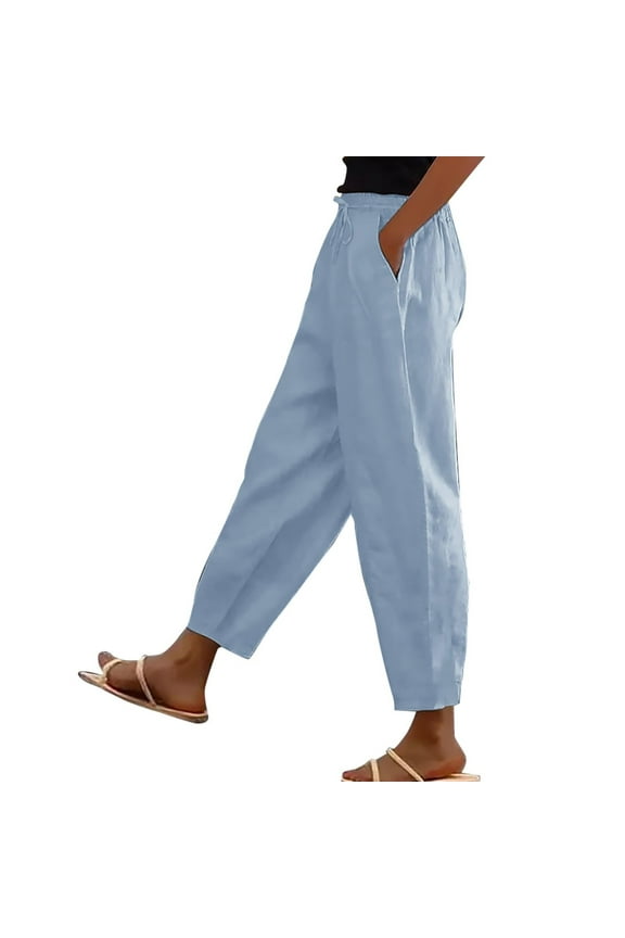 Women's Casual Button-Up Pants with Pockets Straight Leg Pants Elastic Waistband Trousers Sky Blue XXL
