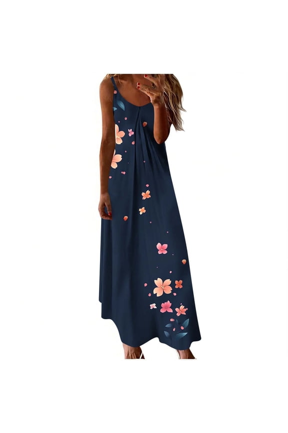 Women's Casual Loose Maxi Sundress Summer Sleeveless V Neck Long Dress Vintage Floral Beach Dress with Pockets G Multicolor
