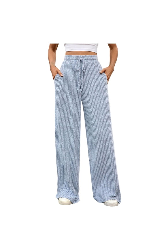 Women's Casual Relaxed Wide Leg Ribbed Knit Pants Comfy Loose Soft Knit Pants with Drawstring Waist Long Trousers-Light Blue S