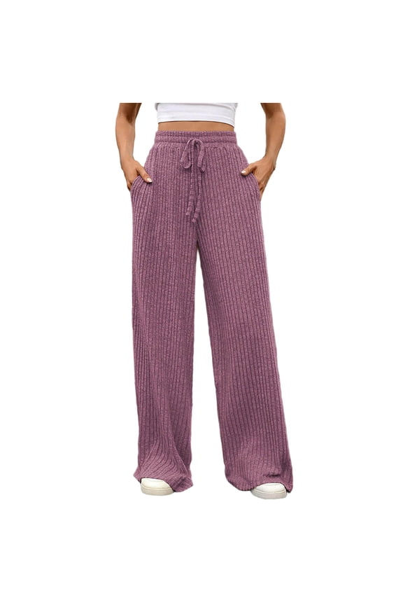 Women's Casual Relaxed Wide Leg Ribbed Knit Pants Comfy Loose Soft Knit Pants with Drawstring Waist Long Trousers-Purple L