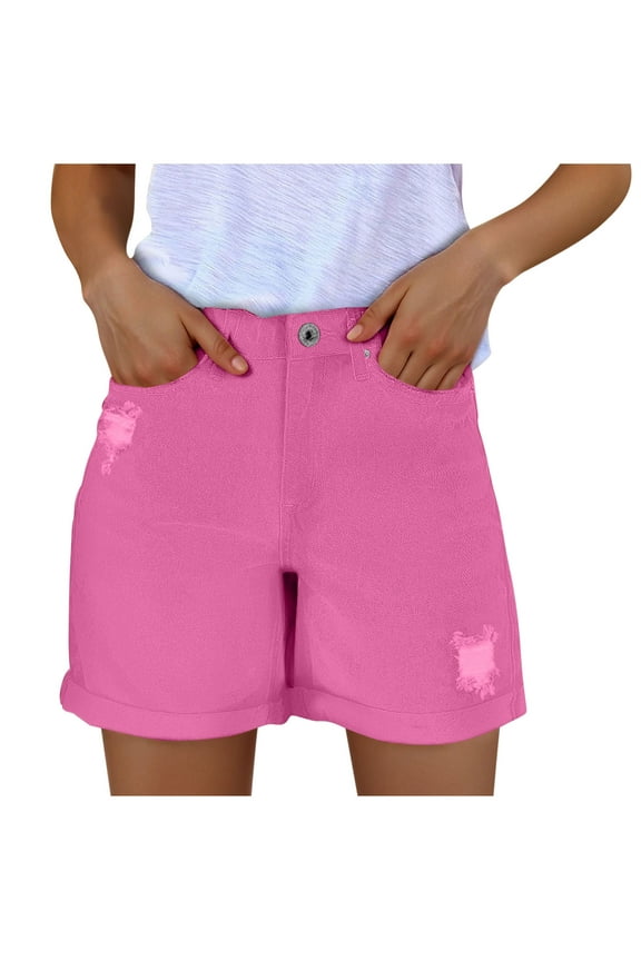 Women's Casual Ripped Denim Shorts High Rise Distressed Rolled Hem Jeans Shorts Hot Pink S