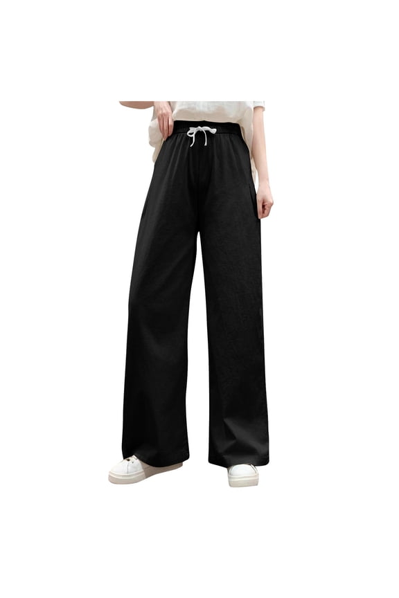 Women's Cotton Linen Drawstring Palazzo Pants Summer Comfy Breathable Daily Going Out Trendy Trousers with Pockets Black XXXL
