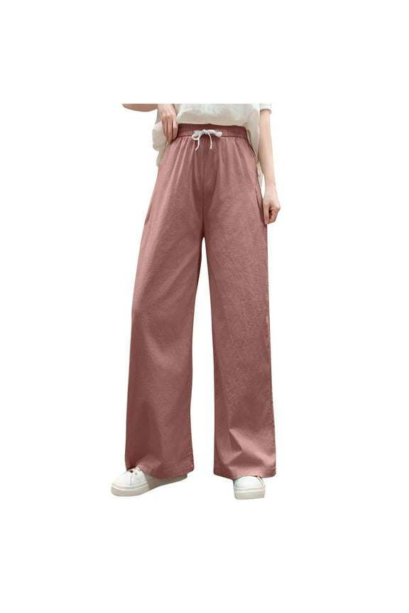 Women's Cotton Linen Drawstring Palazzo Pants Summer Comfy Breathable Daily Going Out Trendy Trousers with Pockets Pink XL