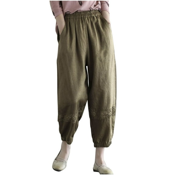 Kvture Women's Cotton Linen Lantern Pants Summer Vintage Lace Elastic Waist Casual Pants Baggy Harem Crop Trousers with Pockets Coffee XL