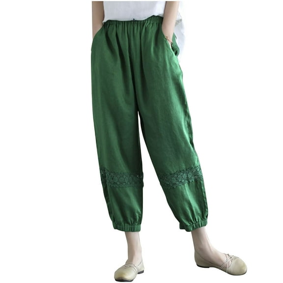 Kvture Women's Cotton Linen Lantern Pants Summer Vintage Lace Elastic Waist Casual Pants Baggy Harem Crop Trousers with Pockets Green M