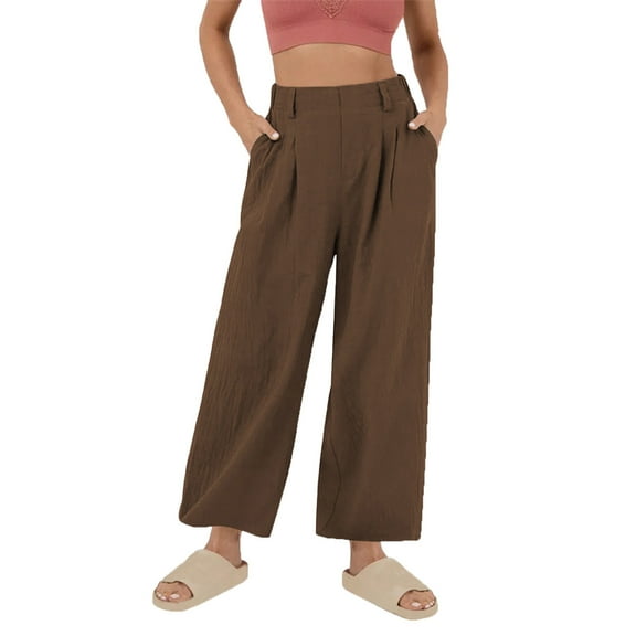 Kvture Women’s Cotton Linen Pants Lightweight Casual Loose Fit Elastic Waist Trousers Elegant Daily Wide Leg Sweatpant Brown XL