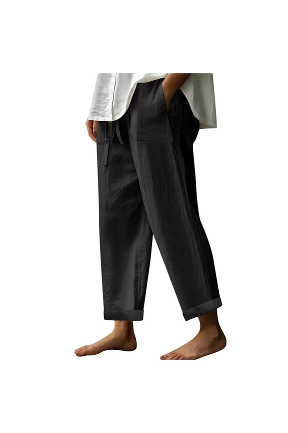 Women's Cotton Linen Wide Leg Pants Drawstring Elastic Waist Lightweight Pants with Pockets Black L