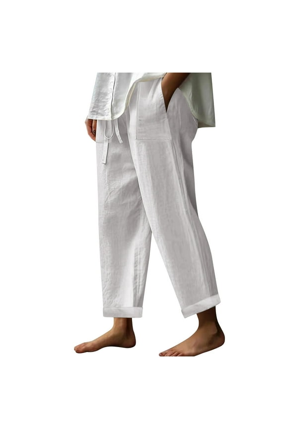 Women's Cotton Linen Wide Leg Pants Drawstring Elastic Waist Lightweight Pants with Pockets White XXXXXL