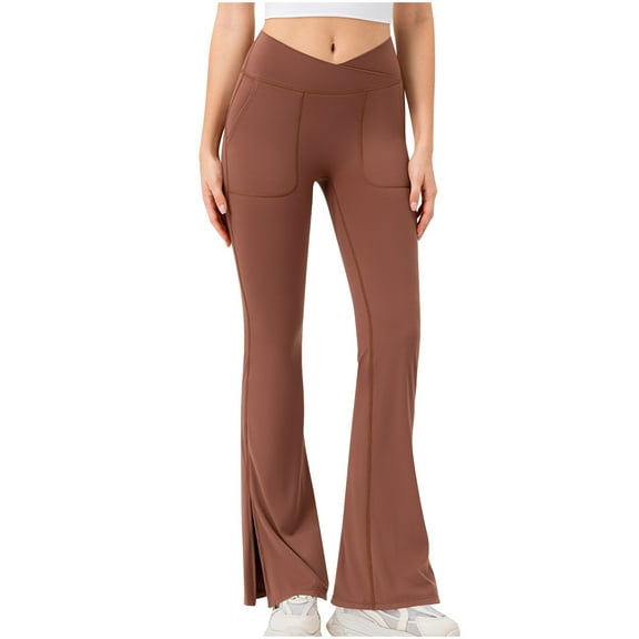 Kvture Women's Crossover High Waist Flare Yoga Pants Butt Lifting Workout Leggings Breathable Wide Leg Athletic Pants Brown L