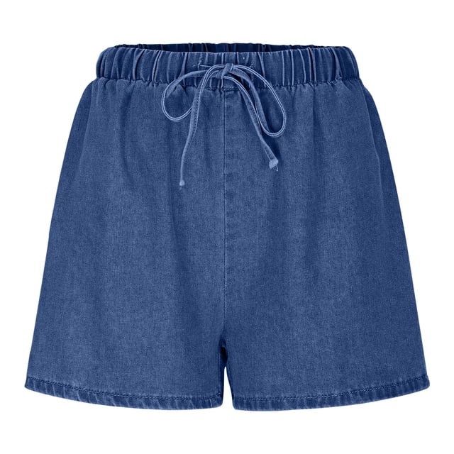 Kvture Women's Drawstring Elastic Waist Denim Shorts Straight Leg Casual Jean Bermuda Short Plus Size with Pockets Dark Blue XXL
