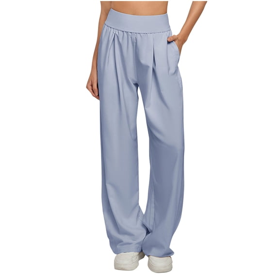 Kvture Women's Fashion Solid Color Straight Leg Baggy Pants Elastic Waisted Loose Fit Pants Casual Athletic Trousers Light Blue XL