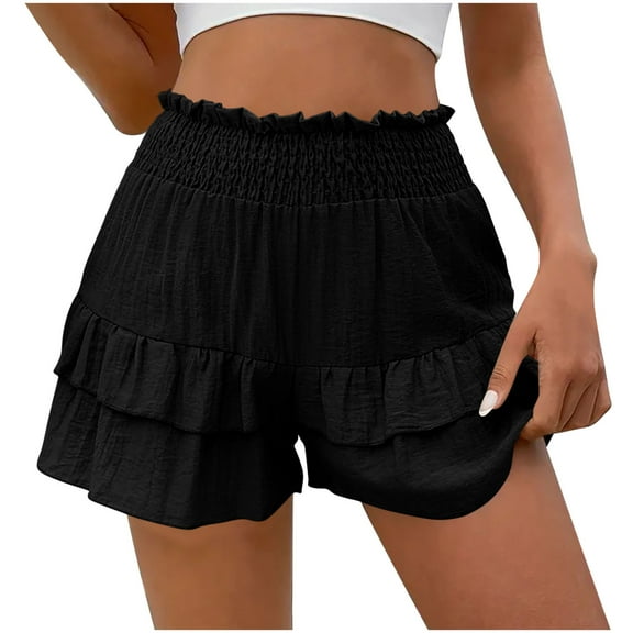 Kvture Women's Flowy Linen Skirts Shorts Ruffle Boho Summer Smocked High Waist Running Tennis Casual Skorts Black S
