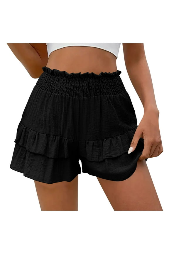 Women's Flowy Linen Skirts Shorts Ruffle Boho Summer Smocked High Waist Running Tennis Casual Skorts Black S