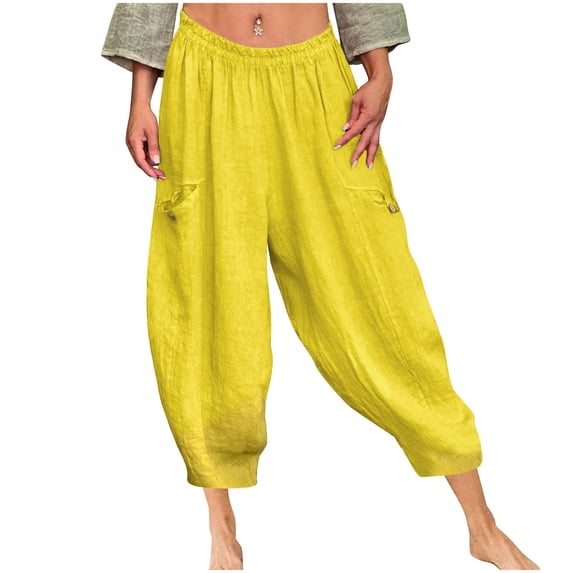 Kvture Women's Harem Pants Fashion Solid Color Elastic Waist Baggy Comfy Capri Pants Summer Beach Casual Sweatpant Yellow M