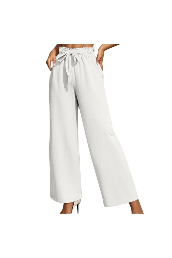 Women's High Waist Pants Wide Leg Elastic Waistband Drawstring Pant Casual Loose Fit Comfy Daily Going Out Trousers-White XXL