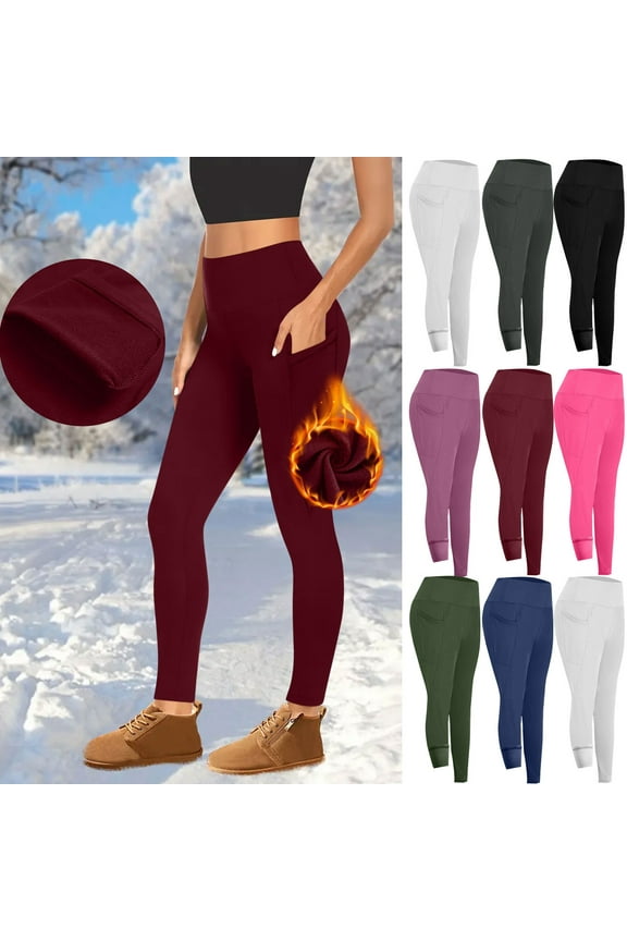 Women's High Waisted Fleece Lined Leggings Winter Plush Warm Leggings with Pockets Solid Color Tummy Control Yoga Pants Outdoor Tights Purple L