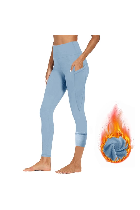 Women's High Waisted Fleece Lined Leggings Winter Plush Warm Leggings with Pockets Solid Color Tummy Control Yoga Pants Outdoor Tights Z Light Blue S